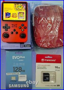 R36S 128GB Retro Handheld Game Console RED + Case & WIFI dongle